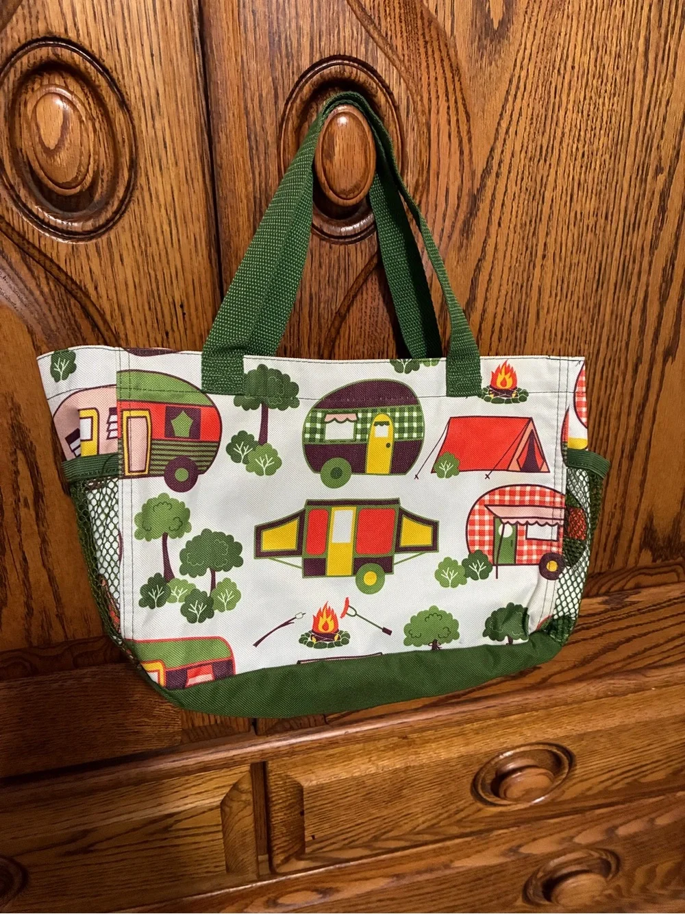 Thirty One Retired Gone Camping Tote Utility Lunch Bag Green Camper Print